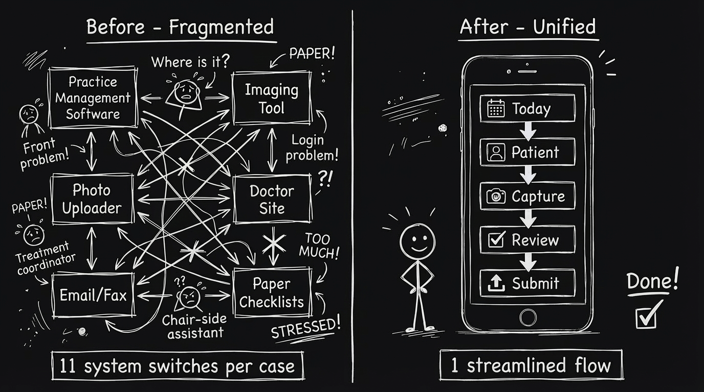 Before and after workflow comparison showing fragmented systems versus unified practice app experience