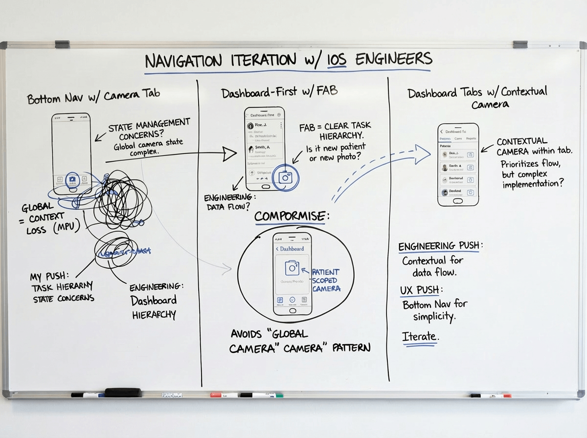 Navigation flow iterations showing evolution from bottom nav to Today tab-based structure